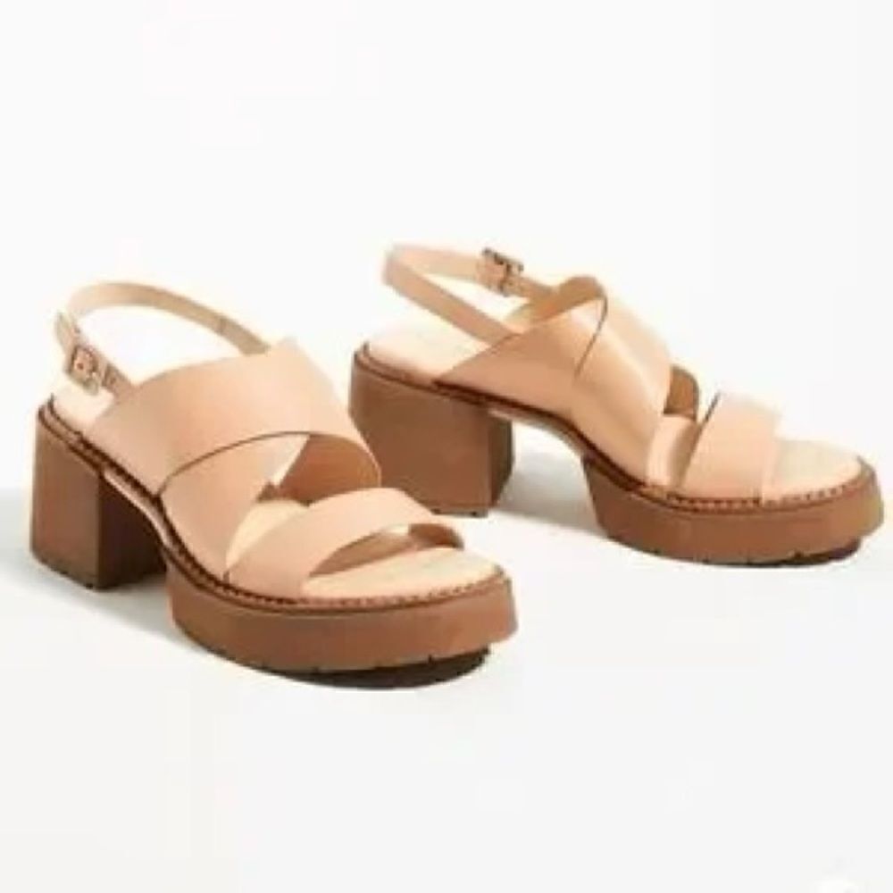 New Elvio Zanon Slingback Heels Chunky Heel Sandals Neutral Leather EU 38 US 8